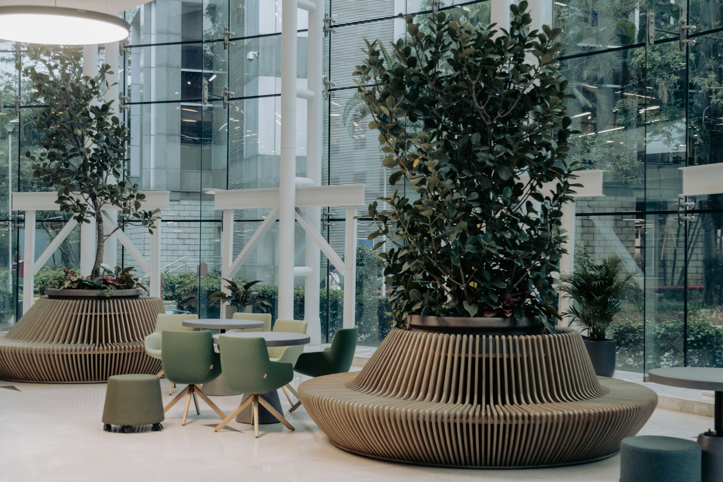 Light-filled commercial atrium with trees and green seating
